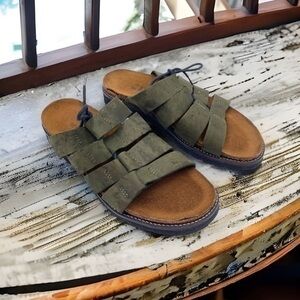 NAOT Olive Green Comfort Cork Slip On Sandals Suede Slides Laced